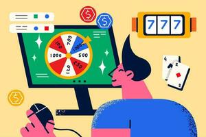 gelukkig Mens kijken Bij computer scherm gokken online Aan apparaat. vent speler Speel roulette en sleuf machine Aan internet Aan apparaatje, van mening zijn in fortuin. web casino. vector illustratie, tekenfilm karakter.