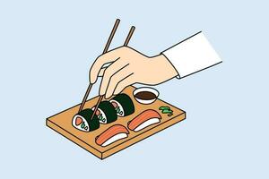 detailopname van persoon aan het eten sushi in Japans restaurant. hand- Holding eetstokjes genieten traditioneel Aziatisch voedsel broodjes in cafe. keuken in Azië of Japan. vlak vector illustratie.