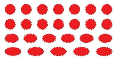 starburst rood sticker reeks - verzameling van speciaal aanbod uitverkoop ronde en ovaal zonnestraal etiketten en toetsen geïsoleerd Aan wit achtergrond. stickers en badges met ster randen voor promo reclame. vector