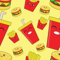 schattig hamburger cokes naadloos patroon. snel voedsel achtergrond. kawaii vector