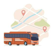 tour bus en kaart met verkeer navigatie route plaats markeerstift regeling. vector vlak illustratie voor passagier verkeer onderhoud.