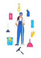 vrouw gekleed in uniform met dweil. arbeider van schoonmaak onderhoud. schoonmaak gereedschap en wasmiddel. emmer, lepel, borstel, het wassen poeder, fles van spuiten, spons, glas schraper, rubber handschoenen. vector. vector