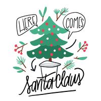 Leuke kerstboom, bladeren, bloemen en belettering vector