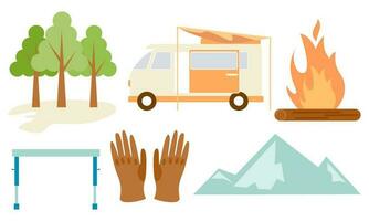 tekenfilm camping en wandelen uitrusting tent en Woud natuur kamp logo vector