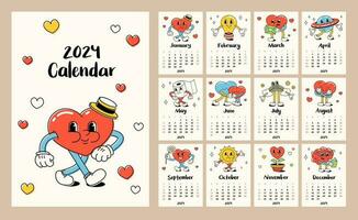 kalender sjabloon voor 2024. verticaal tekenfilm indeling. retro harten en karakters. een reeks van 12 maanden en een omslag. grootte a4, a3, a5. vector