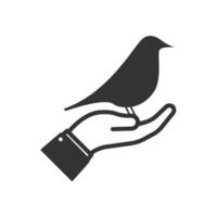 vector illustratie van vogel in hand- icoon in donker kleur en wit achtergrond