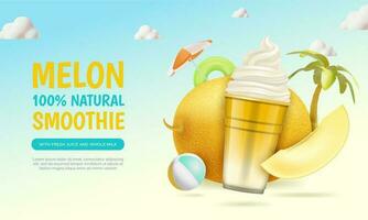 realistisch gedetailleerd 3d meloen natuurlijk smoothie advertenties banier concept poster kaart. vector