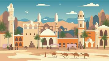 tekenfilm kleur Arabisch woestijn saudi markt landschap tafereel concept. vector