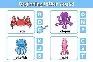 leerzaam spel voor kinderen met zee dieren. werkblad voor aan het leren engels. Kiezen begin brief woorden. spelling opleiding kinderen. tekenfilm krab, Octopus, kwallen, inktvis. vector illustratie.