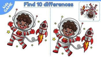 leerzaam spel voor kinderen. vind 10 verschillen. tekenfilm astronaut jongen afro Amerikaans met ruimtevaartuig in ruimte. puzzel voor kinderen. werkblad voor peuter- en school- onderwijs. vector illustratie.