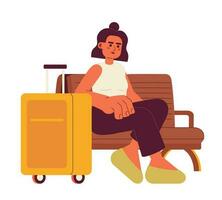 Latijns-Amerikaans meisje met bagage zittend semi vlak kleur vector karakter. bewerkbare vol lichaam persoon gaan Aan vakantie Aan wit. gemakkelijk tekenfilm plek illustratie voor web grafisch ontwerp