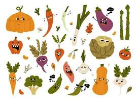 schattig groente tekens met grappig kawaii gezichten. gelukkig glimlachen gezond voedsel set. pret pompoen, radijs, broccoli, ui, tomaat. kinderen vlak grafisch vector illustraties geïsoleerd Aan wit achtergrond