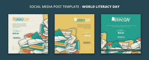 reeks van sociaal media post sjabloon met boeken achtergrond ontwerp voor wereld geletterdheid dag campagne vector