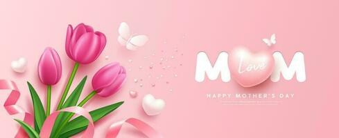 moeder dag tulpen bloemen en hart, vlinder, roze lint, banier ontwerp Aan roze achtergrond, eps10 vector illustratie.