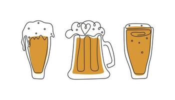 bier dag, festival, vakantie. oktoberfeest. reeks van bier mokken in lijn kunst stijl, schets tekening. vector