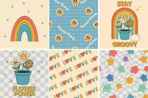 groovy hippie jaren 70 affiches. grappig tekenfilm bloem, regenboog, liefde, madeliefje enz. vector kaarten in modieus retro psychedelisch tekenfilm stijl. vector achtergronden. bloem stroom. blijven hip. mooi zo gevoel