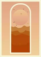 landschap esthetisch woestijn venster visie poster. modern boho achtergrond met zon en duinen, minimalistische muur decor. vector kunst afdrukken