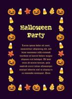 schattig verticaal rechthoek halloween partij uitnodiging sjabloon, kader grens ontwerp met jack O lantaarn, pompoenen, snoep maïs. sociaal media banier vector illustratie.