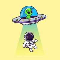 schattig buitenaards wezen ruimteschip ufo invasie astronaut tekenfilm vector icoon illustratie. wetenschap technologie icoon concept geïsoleerd premie vector. vlak tekenfilm stijl