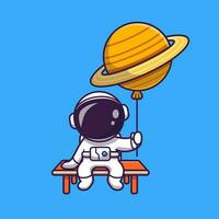 schattig astronaut zittend en Holding planeet ballon tekenfilm vector icoon illustratie. technologie wetenschap icoon concept geïsoleerd premie vector. vlak tekenfilm stijl