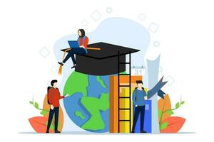 Universiteit campus vector illustratie concept met studenten en school- elementen. terug naar school. school- seizoen. Universiteit Ingang inspectie. kosten naar invoeren de Universiteit. vlak vector illustratie