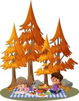 kinderen picknicken in het park met veel herfstbomen vector