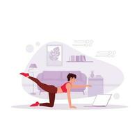 Aziatisch vrouw oefenen Bij huis, opleiding spieren met een arm en een been via video Aan laptop. neiging modern vector vlak illustratie.