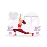 gezond jong vrouw aan het doen yoga pilates oefening. fysiek werkzaamheid voor ontspanning van lichaam en verstand, gezond levensstijl gewoonten concept. neiging modern vector vlak illustratie