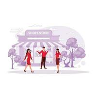 schoen winkel met een mannetje verkoper en twee glimlachen vrouw klanten. neiging modern vector vlak illustratie.