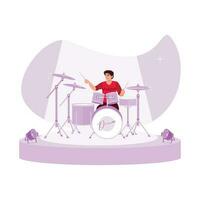 de band trommelaar treinen moeilijk voor een concert in een muziek- studio. neiging modern vector vlak illustratie.