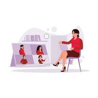zakenvrouw is gezien zittend en hebben een conferentie met bedrijf collega's via online video vergadering Aan een laptop. neiging modern vector vlak illustratie.