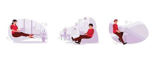 vrouw freelancer met kort haar- en zittend met een laptop en koptelefoon. elegant mannetje freelancer ontspannende in een cafe. reizigers in hoeden zittend uitgerust met een visie van de bergen. vector