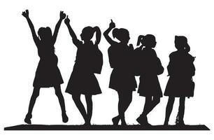vector silhouet van groep van meisjes kinderen draag- school- Tassen gaan naar school- Aan wit achtergrond. symbool van school- en opleiding, terug naar school-