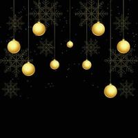 luxe kerstvakantiebanner met gouden handgeschreven prettige kerstdagen en gelukkig nieuwjaarsgroeten en goudkleurige kerstballen. vectorillustratie geïsoleerd op zwarte achtergrond vector