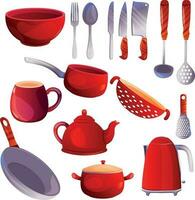 keukengerei, keuken werktuig tekenfilm vector illustraties set. rood en zilver pictogrammen voor menu's, apps en websites