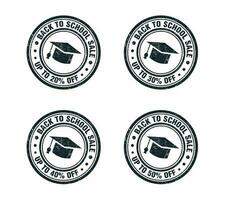 terug naar school- verkoop zwart grunge postzegel reeks met studie hoed. uitverkoop 20, 30, 40, 50 uit korting vector