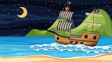 oceaan met piratenschip bij nachtscène in cartoonstijl vector