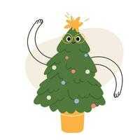 schattig Kerstmis boom karakter concept. tekenfilm met een pret glimlach, handen en laarzen. vakantie geest verlichte door feestelijk lichten. pret manier naar Welkom de nieuw jaar. vlak illustraties geïsoleerd vector