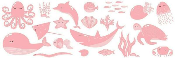 vector illustratie roze neiging reeks marinier dieren walvis haai dolfijn Octopus pijlstaartrog krab banier sjabloon eps10