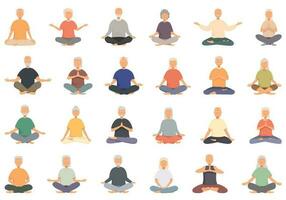 ouderen mensen mediteren pictogrammen reeks tekenfilm vector. huis yoga vector