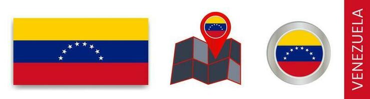 verzameling van nationaal vlaggen van Venezuela geïsoleerd in officieel kleuren en kaart pictogrammen van Venezuela met land vlaggen. vector