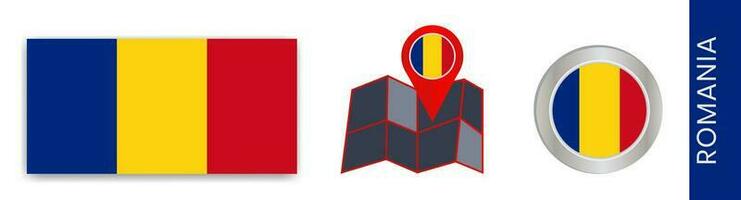 verzameling van Roemeense nationaal vlaggen geïsoleerd in officieel kleuren en kaart pictogrammen van Roemenië met land vlaggen. vector
