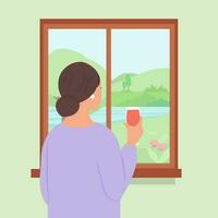 dame staand door de venster, terug bekijk.a vrouw met een wijnglas geniet de voorjaar landschap. lente weer.vector illustratie vector