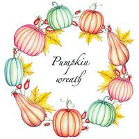 ronde herfst krans met pompoenen, bladeren, achtergrond met pompoenen, waterverf vector