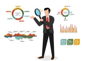 gegevens analyse tabel en rapport, financieel Onderzoek of analyseren informatie voor afzet in zicht, analytics of optimalisatie diagram, slim informatie, zakenman analyseren gegevens met vergroten glas. vector