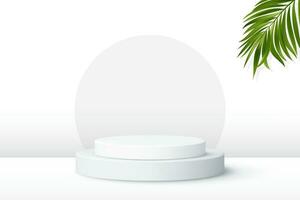 Product Scherm podium Aan wit achtergrond met bladeren voor mock-up cosmetica. tonen kunstmatig Product, stadium voetstuk of platform, 3d vector. -16.9 aspect verhouding vector