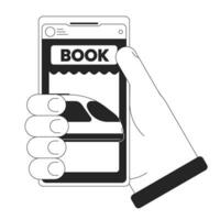 Holding smartphone voor buying kaartjes bw concept vector plek illustratie. online reservering ticket Aan trein 2d tekenfilm vlak lijn monochromatisch hand- voor web ui ontwerp.bewerkbaar geïsoleerd schets held beeld