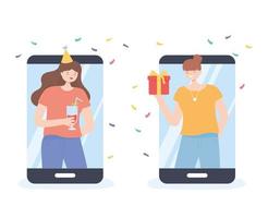 online feest, meisjes verbonden met apparaten die de verjaardag van de vergadering vieren vector