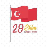 29 ekim cumhuriyet bayrami kutlu olsun, turkije republiek dag, wapperende vlag op paal gestippelde achtergrond vector