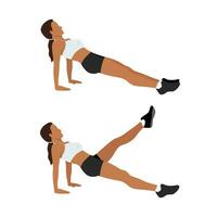 vrouw aan het doen omgekeerde plank met been verhogen het formulier in 2 stappen voor oefening gids. illustratie over training naar doelwit Bij schouders, poten, en buik spieren. vector